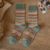 chaussettes de style ethnique japonais pour hommes et femmes, vintage, couleur maillard, mi tube, imprimées à rayures, amples, automne et hiver