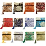 Poudres de porte-monnaie en brocart chinois, petit sac à fermeture éclair avec pompon, broderie carrée, cadeaux de bijoux, poudres de stockage