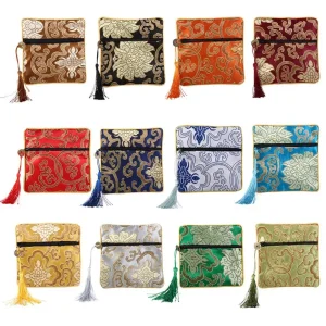 Poudres de porte-monnaie en brocart chinois, petit sac à fermeture éclair avec pompon, broderie carrée, cadeaux de bijoux, poudres de stockage Poudres de porte-monnaie en brocart chinois, petit sac à fermeture éclair avec pompon, broderie carrée, cadeaux de bijoux, poudres de stockage