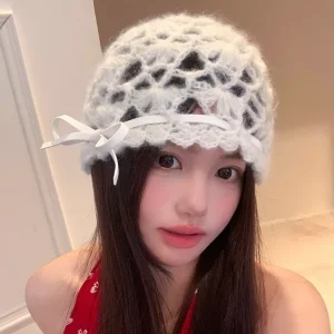 Chapeau tricoté creux en Crochet avec nœud décontracté, bonnet en tricot à bretelles de Style bohème, fait à la main, chapeau de Style ethnique coréen pour l&rsquo;extérieur
