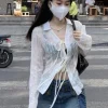 chemisier japonais pour femmes, chemise sexy à bandes grunge, esthétique y2k, harajuku, col rabattu, manches évasées, 2025