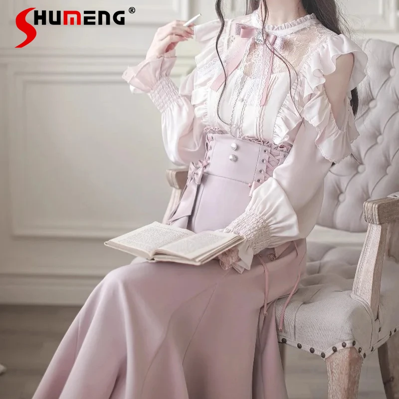 Japonais Rojita Mini série SC chemisier rose et blanc jupe sirène élégante produite en série manches longues chemise à simple boutonnage fille Japonais Rojita Mini série SC chemisier rose et blanc jupe sirène élégante produite en série manches longues chemise à simple boutonnage fille