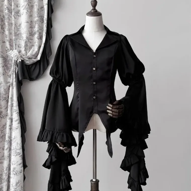 chemisiers à col en v vintage pour femmes, chemises ajustées, manches évasées, volants noirs, harajuku, lolita, y2k, automne, nouveau, 2025 chemisiers à col en v vintage pour femmes, chemises ajustées, manches évasées, volants noirs, harajuku, lolita, y2k, automne, nouveau, 2025