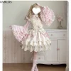 rose japon lolita manches évasées doux nœud chemises y2k esthétique slash cou dentelle patchwork blouse femmes ample grunge à volants blusas