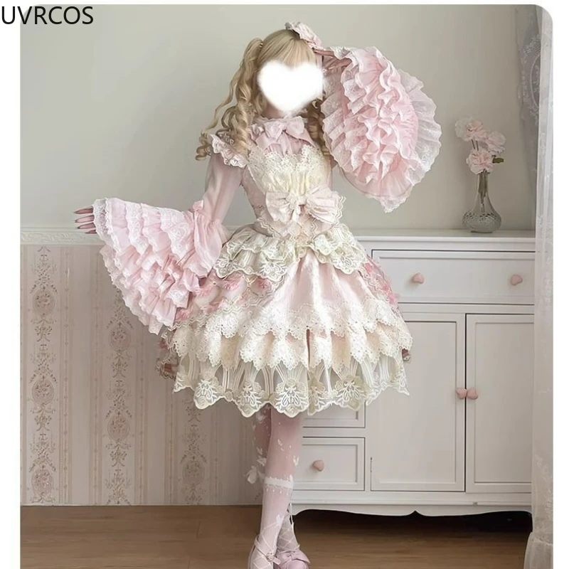 rose japon lolita manches évasées doux nœud chemises y2k esthétique slash cou dentelle patchwork blouse femmes ample grunge à volants blusas rose japon lolita manches évasées doux nœud chemises y2k esthétique slash cou dentelle patchwork blouse femmes ample grunge à volants blusas