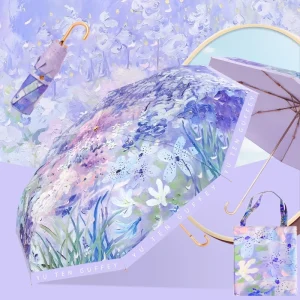 Peinture à l’huile élégante florale UPF50 + parapluie pour soleil pluie poignée incurvée crochet doré parapluies pliants Protection UV Parasol Peinture à l’huile élégante florale UPF50 + parapluie pour soleil pluie poignée incurvée crochet doré parapluies pliants Protection UV Parasol