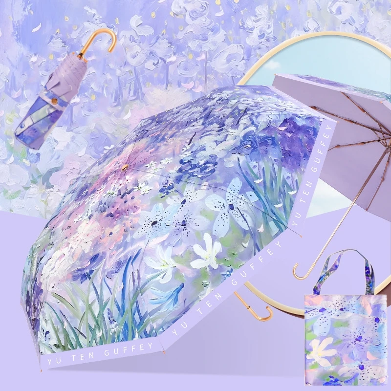 Peinture à l’huile élégante florale UPF50 + parapluie pour soleil pluie poignée incurvée crochet doré parapluies pliants Protection UV Parasol Peinture à l’huile élégante florale UPF50 + parapluie pour soleil pluie poignée incurvée crochet doré parapluies pliants Protection UV Parasol