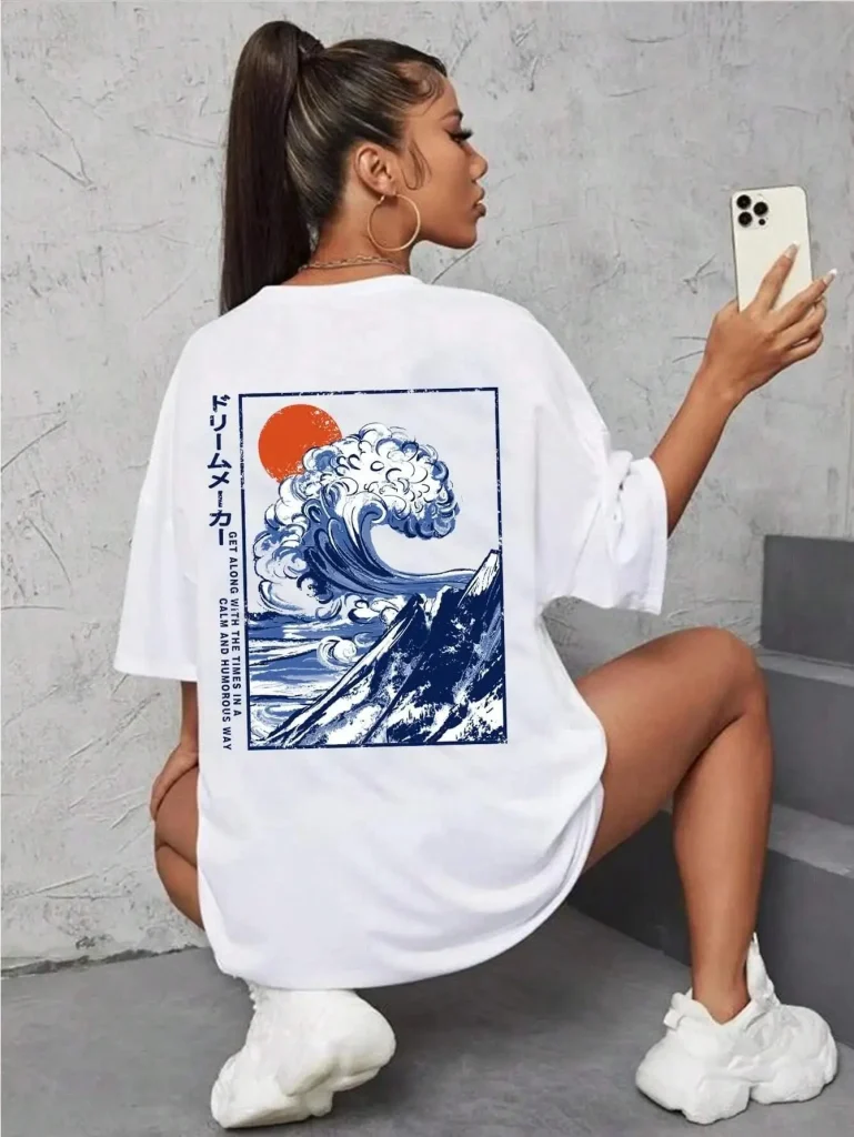 Japonais vague coucher de soleil impression hauts coton T-Shirts pour les femmes mode décontracté doux à manches courtes T-Shirts amples vêtements confortables