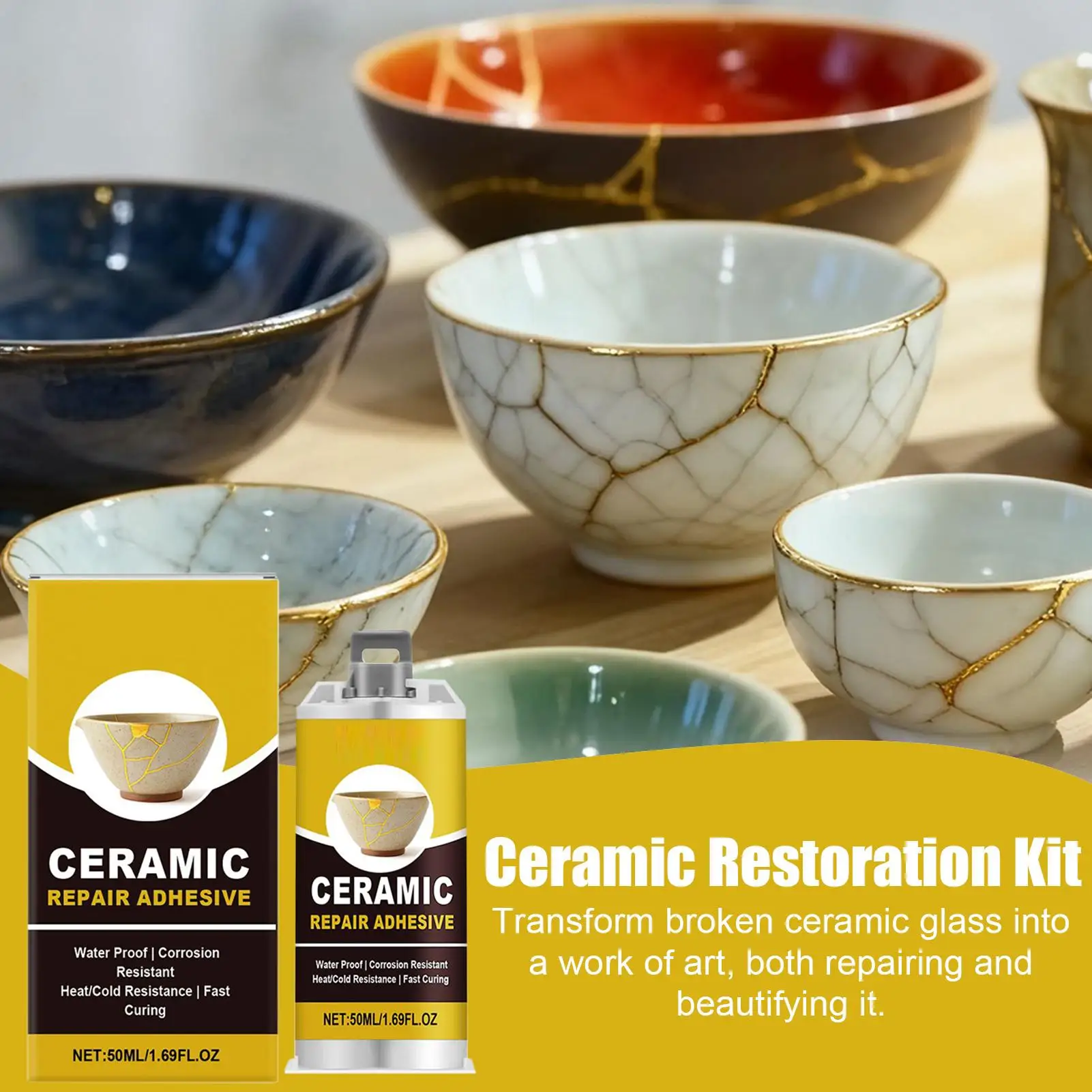 kit de réparation en céramique kintsugi japonais, adhésif doré sûr aux aliments, pour poterie cassée, artisanat d'art, restauration de sculpture de baignoire kit de réparation en céramique kintsugi japonais, adhésif doré sûr aux aliments, pour poterie cassée, artisanat d'art, restauration de sculpture de baignoire