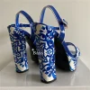 sandales à talons épais et plateforme haute pour femmes, lanière à la cheville, imprimé floral, chaussures d'été de luxe en cuir verni pour filles