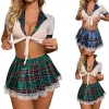 hauts courts bleus et jupe à carreaux avec attaches, ensemble exotique, costumes de cosplay pour écolières, porno pour femmes, lingerie sexy, uniformes d'étudiants