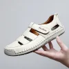 Femmes sandales chaussures d&rsquo;été à la main mode couture en cuir véritable bout couvert doux décontracté marche Zapatos Mujer Plataforma