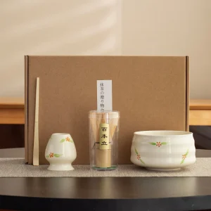 BespritGift – ensemble de bols Matcha japonais à fleurs peintes à la main, fouet à thé en céramique, cuillère en bambou, outils à thé, accessoires de cérémonie du thé 4 pièces