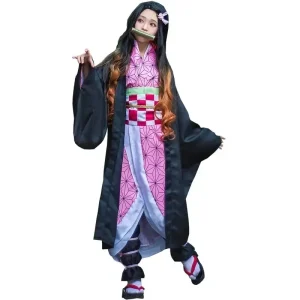 Costume de Cosplay Anime Nezuko 2025o, Kimono Demon Slayer, Perruques, Cheveux, Halloween, Carnaval, Tenue pour Femme