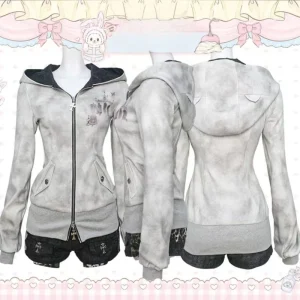Sweat à capuche gothique gris Harajuku pour femmes, Vintage américain Y2k Hottie, veste amincissante, sous-culture d’automne, manteau Cardigan à fermeture éclair, nouvelle collection Sweat à capuche gothique gris Harajuku pour femmes, Vintage américain Y2k Hottie, veste amincissante, sous-culture d’automne, manteau Cardigan à fermeture éclair, nouvelle collection