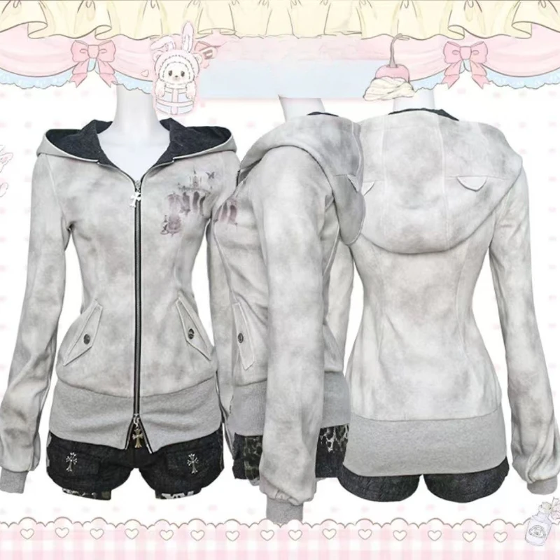 Sweat à capuche gothique gris Harajuku pour femmes, Vintage américain Y2k Hottie, veste amincissante, sous-culture d’automne, manteau Cardigan à fermeture éclair, nouvelle collection Sweat à capuche gothique gris Harajuku pour femmes, Vintage américain Y2k Hottie, veste amincissante, sous-culture d’automne, manteau Cardigan à fermeture éclair, nouvelle collection