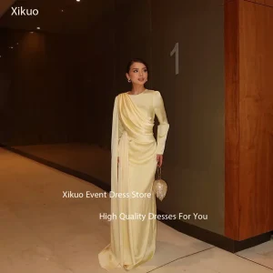 Xikuo robe De soirée en Satin jaune clair froncé robe De soirée De mariage droite manches longues robes De Boda Para Fiestas personnalisé Xikuo robe De soirée en Satin jaune clair froncé robe De soirée De mariage droite manches longues robes De Boda Para Fiestas personnalisé