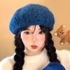 bérets tricotés pour femmes, rétro bleu coréen, design de trous de personnalité, automne hiver, chaud, décontracté, polyvalent, chapeaux de peintre littéraire