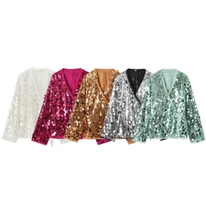 Veste à paillettes pour femmes, col en v, style Kimono, manches longues, pour fête, à lacets, Streetwear, manteau à la mode
