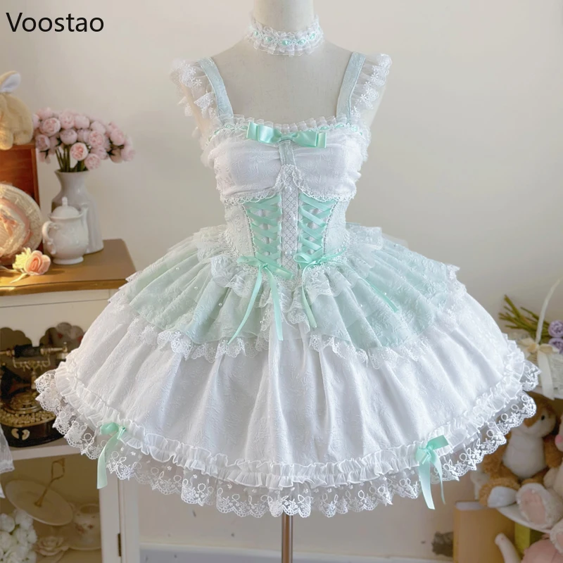 robe japonaise douce lolita jsk pour femmes, élégante, à volants, en dentelle, à bandes, bretelles de princesse, y2k, kawaii, mini robe de soirée thé robe japonaise douce lolita jsk pour femmes, élégante, à volants, en dentelle, à bandes, bretelles de princesse, y2k, kawaii, mini robe de soirée thé