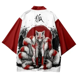 Ensemble Kimono Imprimé Renard à Neuf Queues pour Homme et Femme, Streetwear Japonais, Cardigan, Dessin Animé, MiCosplay, Été