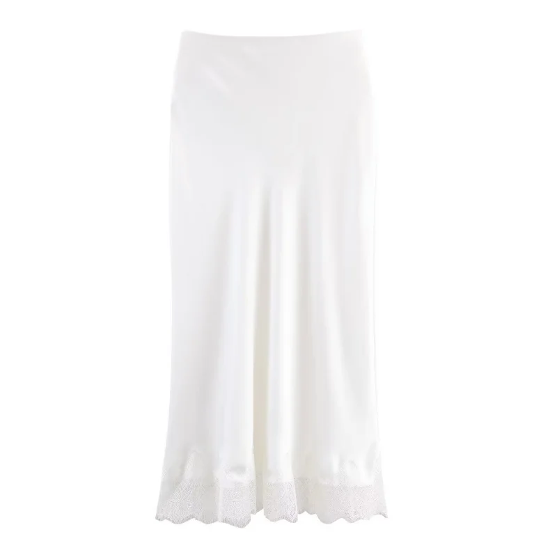 jupe longue en satin pour femmes, simple, ourlet en dentelle, décoration, taille élastique, mi longue, élégante, chic, vêtements, nouvelle collection automne 2025 jupe longue en satin pour femmes, simple, ourlet en dentelle, décoration, taille élastique, mi longue, élégante, chic, vêtements, nouvelle collection automne 2025