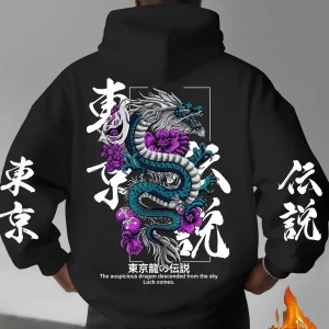 Sweat-shirt à capuche imprimé Dragon japonais pour hommes adultes, ample et décontracté, Streetwear, polaire chaude, automne hiver, nouvelle collection