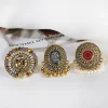 Bague ronde en métal pour femme, grand paon indien rétro, perles de fleurs sculptées Boho, bague pompon, bijoux de fête à la mode