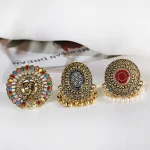 Bague ronde en métal pour femme, grand paon indien rétro, perles de fleurs sculptées Boho, bague pompon, bijoux de fête à la mode Bague ronde en métal pour femme, grand paon indien rétro, perles de fleurs sculptées Boho, bague pompon, bijoux de fête à la mode