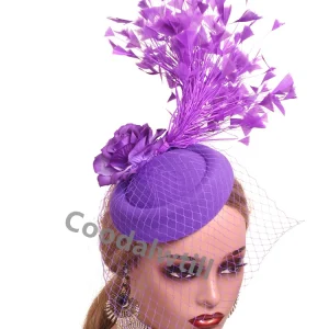 Mariée violet voiles pilulier fasciantor accessoires femmes maille fête mariage Chapeau casquette fille spectacle course fleur casque pince à cheveux