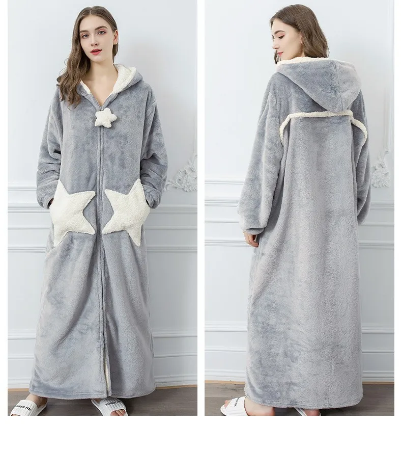 peignoir kimono à capuche et fermeture éclair pour femme, vêtement de nuit chaud en molleton de corail, ample, pour couple, chemise de nuit étoile mignonne, hiver peignoir kimono à capuche et fermeture éclair pour femme, vêtement de nuit chaud en molleton de corail, ample, pour couple, chemise de nuit étoile mignonne, hiver