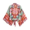 boho queens vintage imprimé fleuri ceintures court kimono femmes nouvelle mode col en v manches chauve souris dames robe de plage couvertures