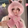 ensemble d'écharpe de chapeau d'oreille de renard d'hiver, protection d'oreille en peluche épaisse, chapeau une pièce, design mignon unisexe pour adulte, chapeau chaud et confortable en fourrure de lapin
