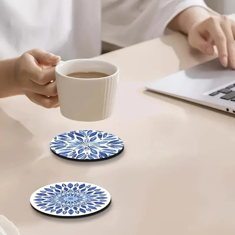 sous verres ronds en porcelaine bleue et blanche de style chinois, fleur de mandala en bois, anti chaud, décoration de table pour maison, bureau, restaurant, café sous verres ronds en porcelaine bleue et blanche de style chinois, fleur de mandala en bois, anti chaud, décoration de table pour maison, bureau, restaurant, café