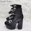 sandales noires à plateforme épaisse et talon bloc pour filles, chaussures de danse décontractées mates à lanières creuses, motif blanc, boucle à la cheville, bout rond