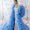 incroyable bleu ciel volumineux tulle longues vestes volants garni tulle manches longues femmes gilet vêtements d'extérieur tenue maxi robe personnalisée