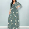 Robe longue portefeuille pour femmes, col en V, manches 3/4, taille haute, mi-longue, robes d’invitées de mariage élégantes avec ceinture Robe longue portefeuille pour femmes, col en V, manches 3/4, taille haute, mi-longue, robes d’invitées de mariage élégantes avec ceinture