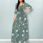 Robe longue portefeuille pour femmes, col en V, manches 3/4, taille haute, mi-longue, robes d&rsquo;invitées de mariage élégantes avec ceinture