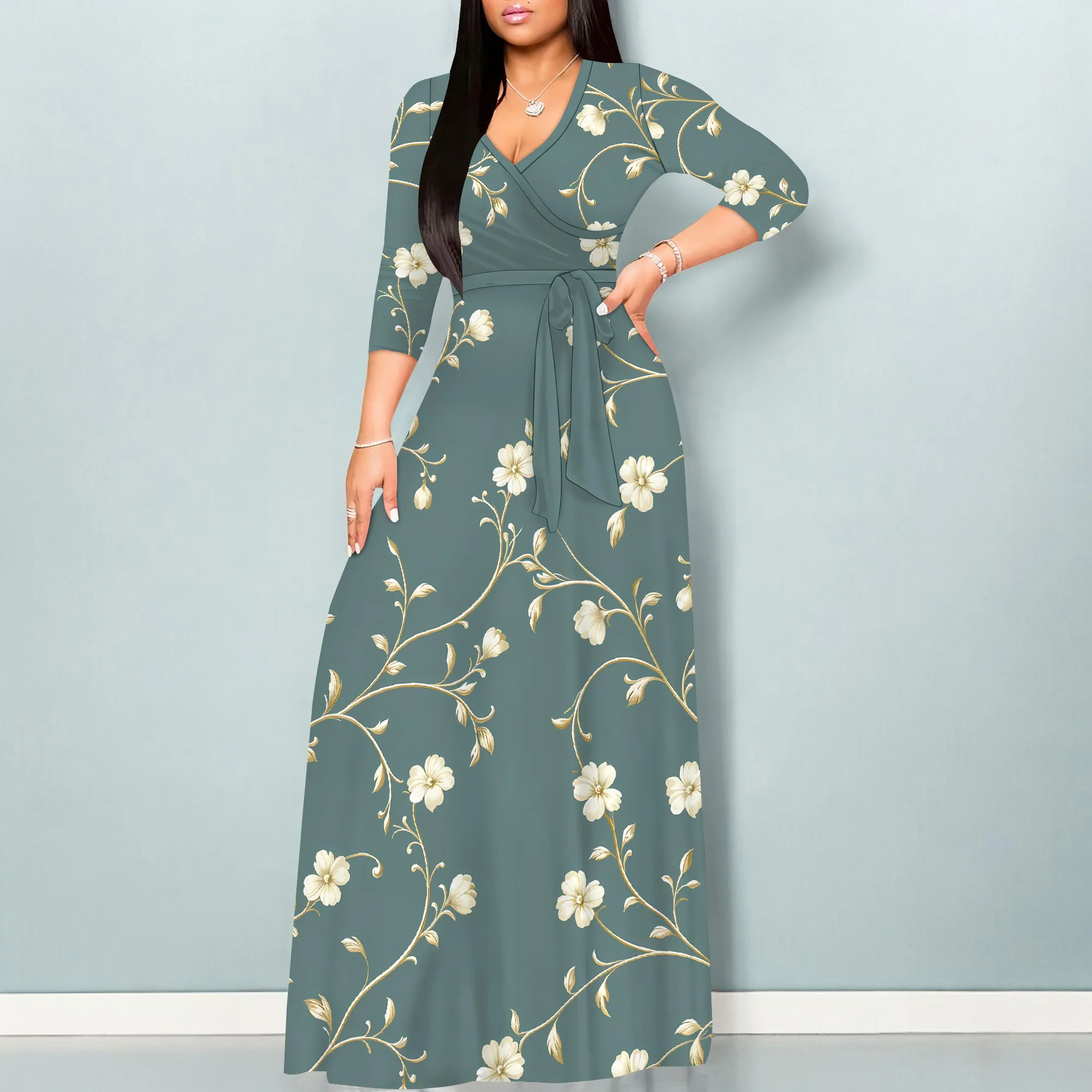 Robe longue portefeuille pour femmes, col en V, manches 3/4, taille haute, mi-longue, robes d’invitées de mariage élégantes avec ceinture Robe longue portefeuille pour femmes, col en V, manches 3/4, taille haute, mi-longue, robes d’invitées de mariage élégantes avec ceinture