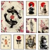 Samouraï Sakura sabre poissons mur Art toile photo peintures modulaire japonais encre affiche impression lune décor à la maison salon