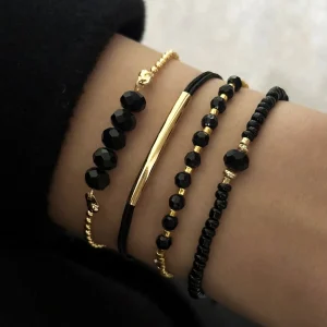 Bracelets en pierre de verre noir pour femmes, accessoires de bijoux Boho faits à la main, 4 pièces/ensemble