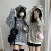 sweat à capuche japonais harajuku cat ear pour femme, sweat à capuche zippé, vestes de dessin animé à rayures esthétiques, vêtements de broderie y, mignon