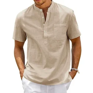Chemise en coton et lin pour hommes, col Henley, poche, décontractée, plage, manches courtes, couleur unie, hauts T-shirts, Vintage, Streetwear Chemise en coton et lin pour hommes, col Henley, poche, décontractée, plage, manches courtes, couleur unie, hauts T-shirts, Vintage, Streetwear