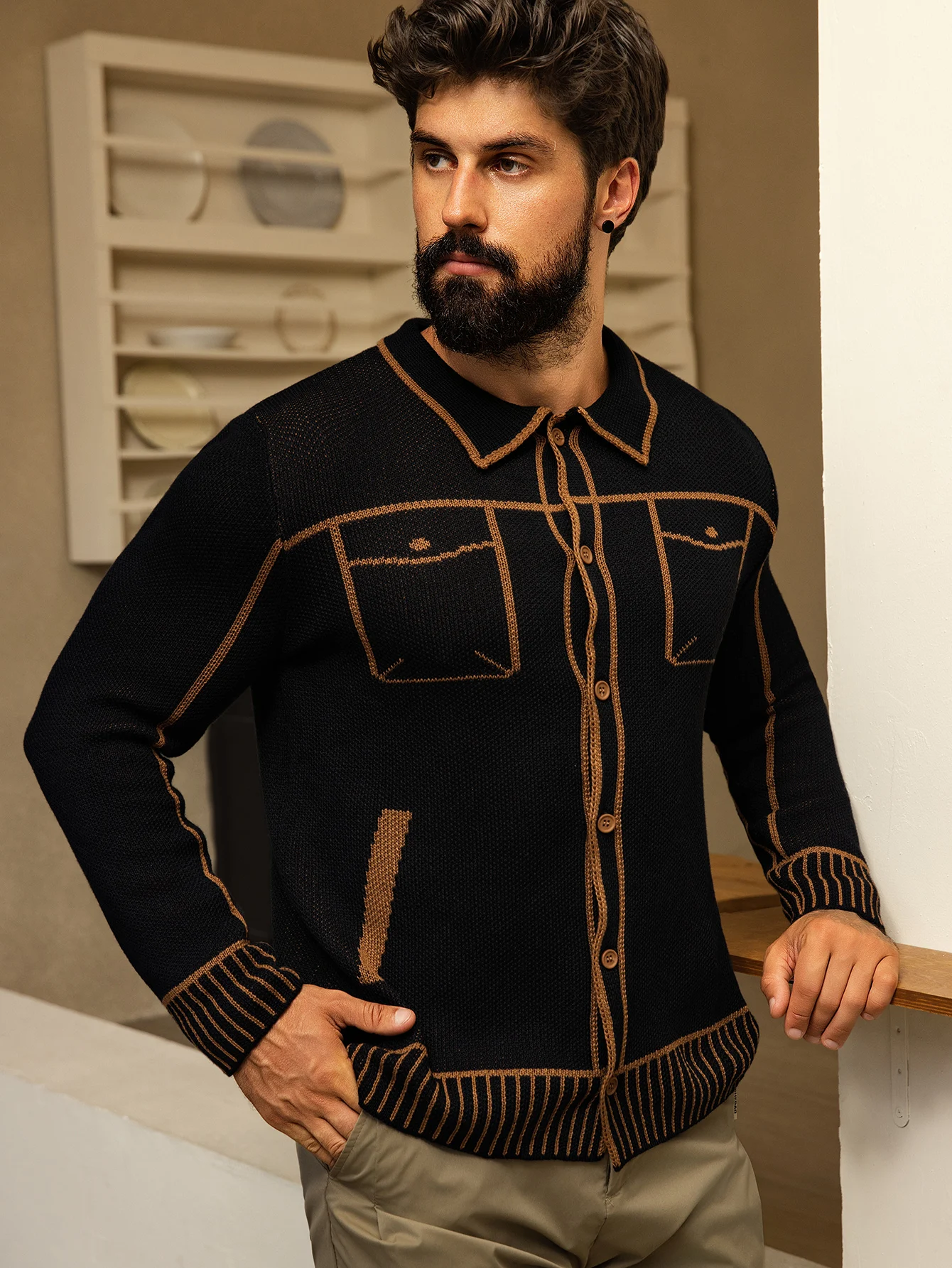 Cardigan ouvert confortable pour hommes, tricot décontracté avec fausse poche, pull à la mode, automne hiver Cardigan ouvert confortable pour hommes, tricot décontracté avec fausse poche, pull à la mode, automne hiver