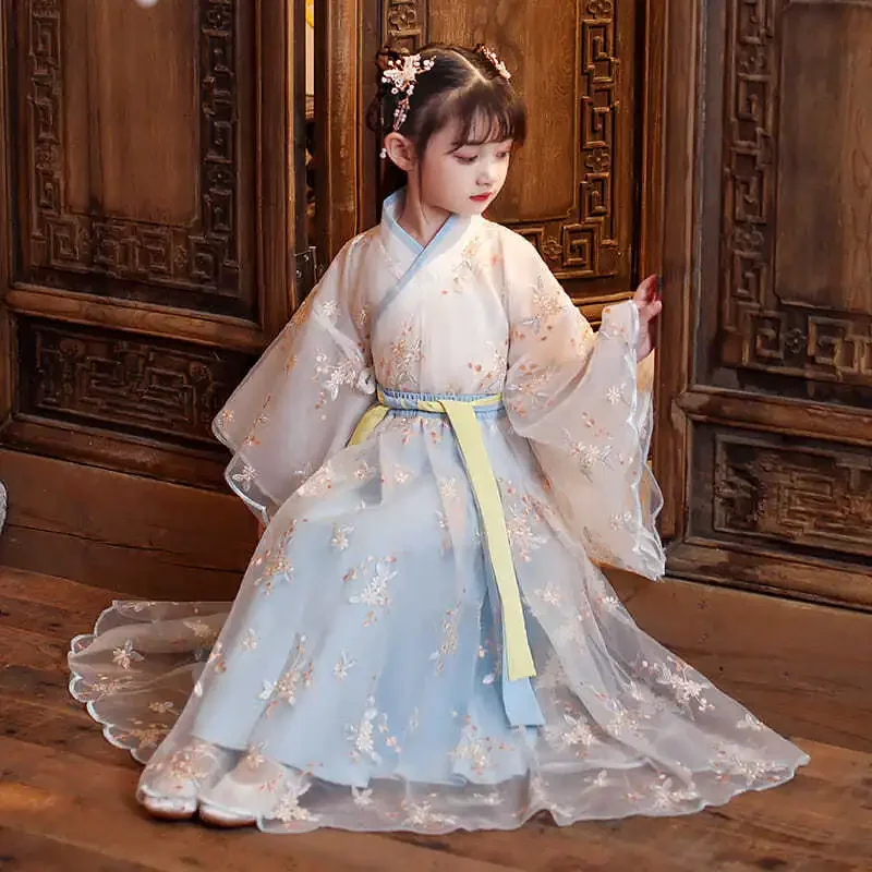 robe chinoise en soie pour filles et enfants, kimono traditionnel chinois vintage ethnique antique, costume de danse, ensemble hanfu cosplay robe chinoise en soie pour filles et enfants, kimono traditionnel chinois vintage ethnique antique, costume de danse, ensemble hanfu cosplay