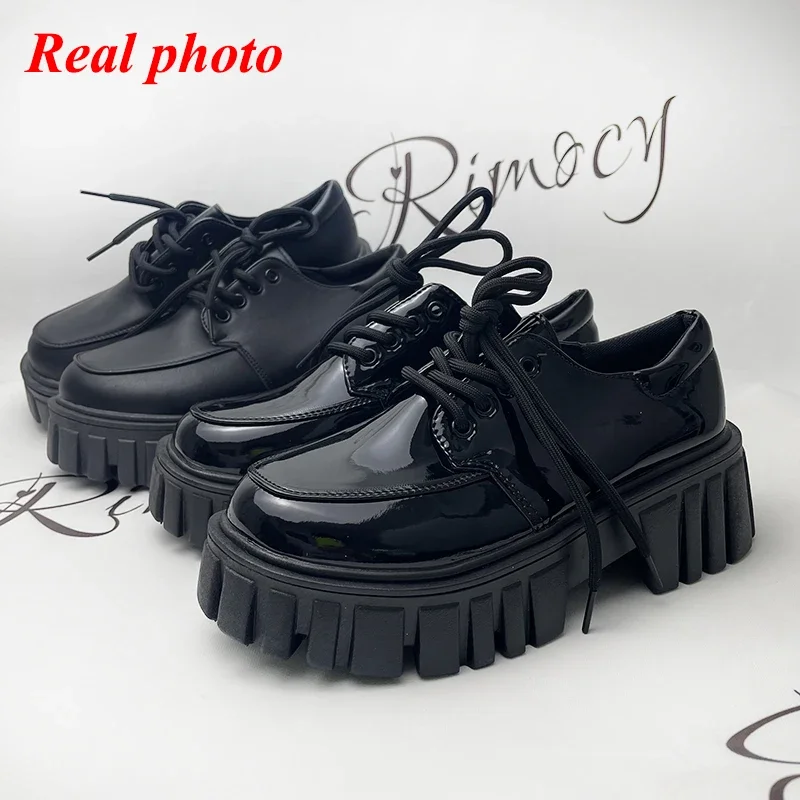rimocy chaussures oxford à plateforme en cuir verni pour femmes, appartements à lacets décontractés, chaussures épaisses noires, printemps, 2025 rimocy chaussures oxford à plateforme en cuir verni pour femmes, appartements à lacets décontractés, chaussures épaisses noires, printemps, 2025