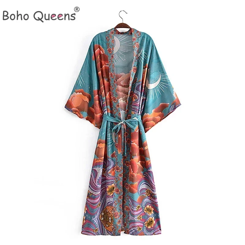 Robe Kimono à Manches Chauve-Souris et Col en V pour Femme, Tenue de Plage, Style Bohème, Imprimé Floral, Étoile, pour Dîner, Été Robe Kimono à Manches Chauve-Souris et Col en V pour Femme, Tenue de Plage, Style Bohème, Imprimé Floral, Étoile, pour Dîner, Été